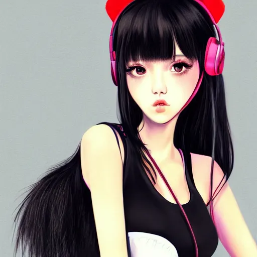 Image similar to realistic beautiful gorgeous curvy natural cute Blackpink Lalisa Manoban black hair cute fur black cat ears, wearing white camisole, headphones, black leather choker artwork drawn full HD 4K highest quality in artstyle by professional artists WLOP, Taejune Kim, Guweiz on Pixiv Artstation