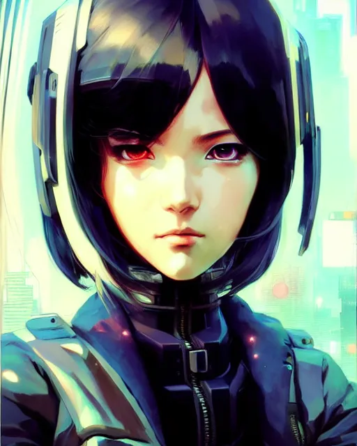 Image similar to a comic potrait of a cyberpunk cyborg girl with big and cute eyes, fine - face, realistic shaded perfect face, fine details. night setting. very anime style. realistic shaded lighting poster by ilya kuvshinov katsuhiro, artgerm, jeremy lipkin and michael garmash, unreal engine, radiant light, detailed and intricate environment