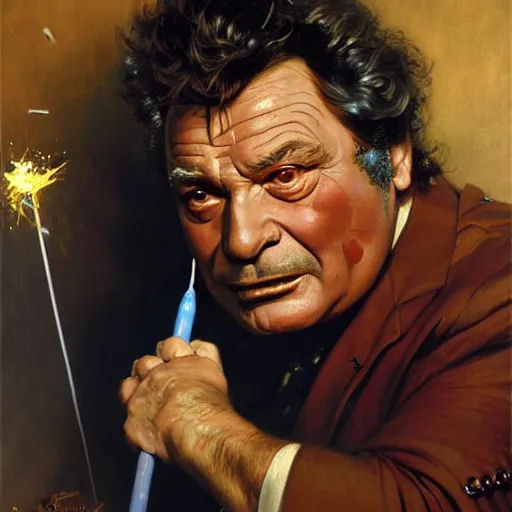 Image similar to peter falk as columbo is in his bed, nervous and terrified, because rip taylor is throwing confetti from a bucket at him. highly detailed painting by gaston bussiere, j. c. leyendecker, greg rutkowski, craig mullins 8 k