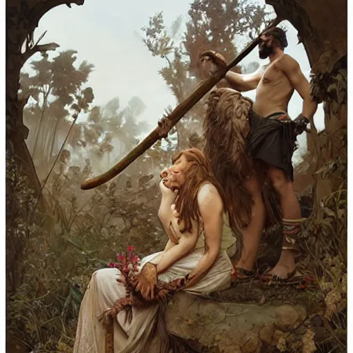 Image similar to Neanderthal wedding, original historical photo, highly detailed, sharp focus, illustration, by artgerm and greg rutkowski and alphonse mucha and loish and WLOP