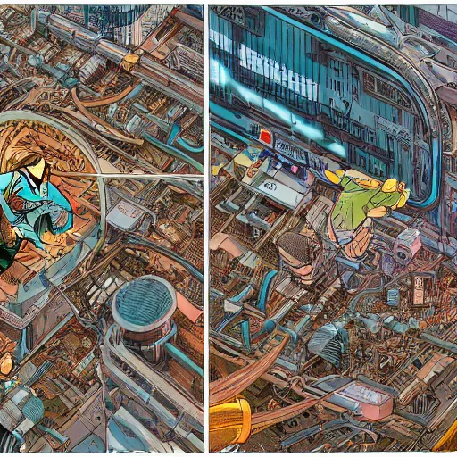 Prompt: hyper detailed aerial top down comic illustration of a man eaten by a machine in the centre of the composition, encircled by cybernetic gateways, by Josan Gonzalez and Geof Darrow and peter doig, very detailed, 4k, highly detailed, 8k wallpaper