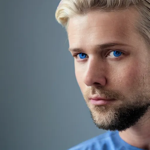 Image similar to close up of face of good looking 4 0 year old blond man with blond stubble, very short wavy blond hair in a short pompadour style, very pale skin, blue eyes, hairy shoulders, hairy chest, color portrait, 4 k