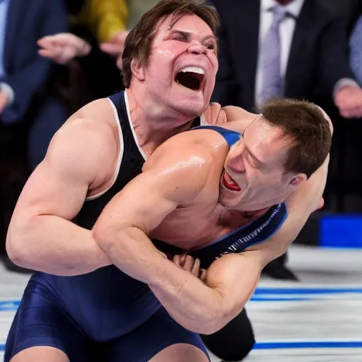 Prompt: francois legault wrestles gabriel nadeau - dubois, photography