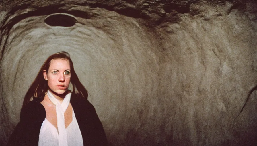 Image similar to portrait of a white female phantom with a hole in the forehead in an empty soviet tunnel, cinestill 800t 35mm, heavy grain, high quality, liminal space style