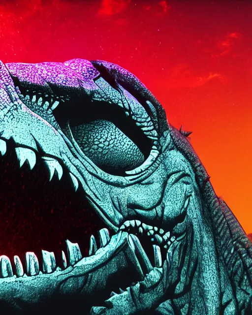 Prompt: still of a photorealistic concept art of a close up of a real T-Rex wearing sunglasses, black background, HD, neon lit, highly detailed, no text
