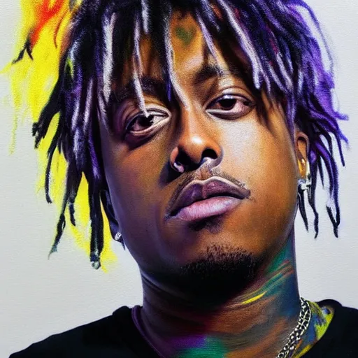 Image similar to Juice WRLD oil painting hyper realistic 4K quality