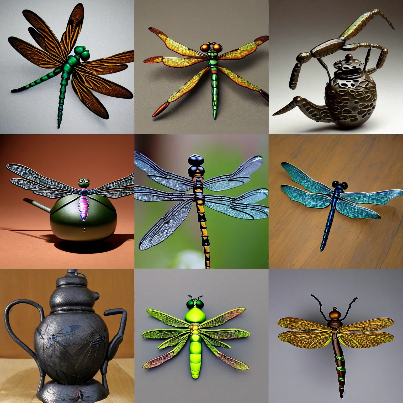 Prompt: Dragonfly-shaped, dragonfly-like, a bespoke dragonfly-formed dragonfly-teakettle in the shape of a dragonfly, that looks like a dragonfly, that has the form of a dragonfly, dragonfly-shaped