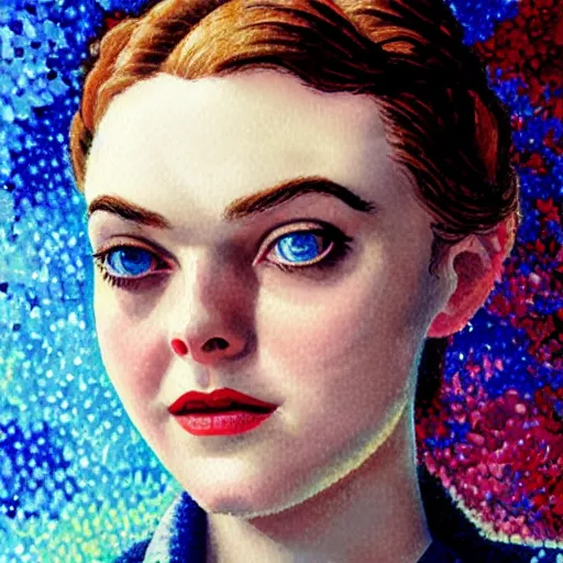 Image similar to professional painting of Elle Fanning in Bioshock Rapture the style of Henri-Edmond Cross, head and shoulders portrait, symmetrical facial features, smooth, sharp focus, illustration, intricate, stormy weather, extremely detailed masterpiece,