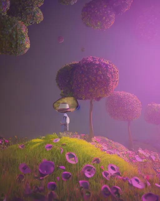 Prompt: beautiful happy landscape, anonymous head, beautiful flowers growing, in the style of beeple and mike winkelmann, intricate, epic lighting, cinematic composition, hyper realistic, 8 k resolution, unreal engine 5, raytracing, reflections, ultraviolet colors