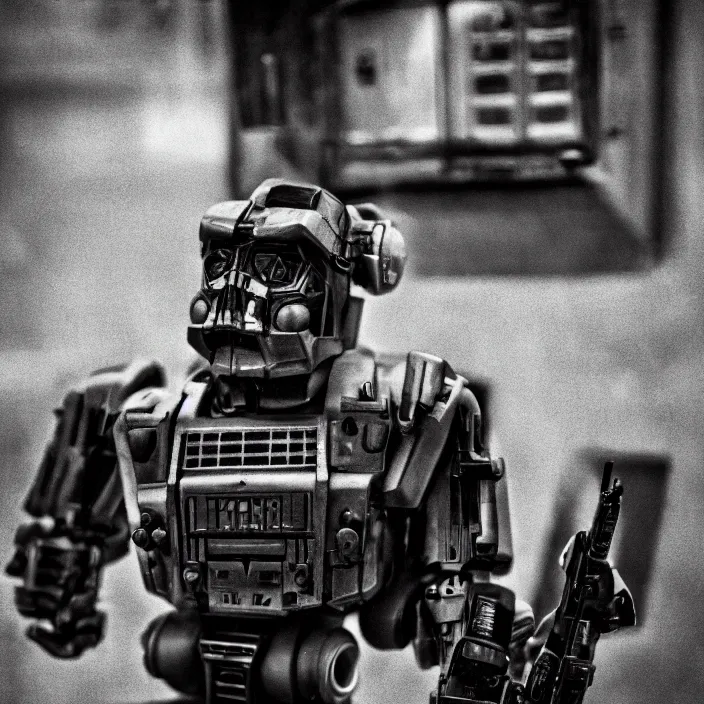 Image similar to a jvc radio as an autobot transformer in a film noir. moody, medium close shot. overcast, rainy.