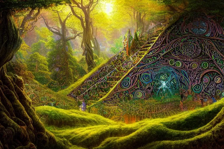 Image similar to a beautiful and highly detailed digital painting of an elven structure in psychedelic forest in a beautiful valley, psychedelic patterns, celtic designs, intricate details, epic scale, 8 k, sharp focus, photorealism, artstation, cgsociety, by caspar friedrich, albert bierstadt, james gurney, brian froud,