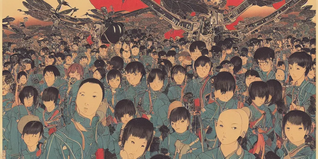 Image similar to gigantic dragonflies with human faces catch tiny robots, a lot of exotic mechas robots around, human heads everywhere, risograph by kawase hasui, satoshi kon and moebius, 2 d gouache illustration, omnious, intricate, a lot of tiny details, fullshot