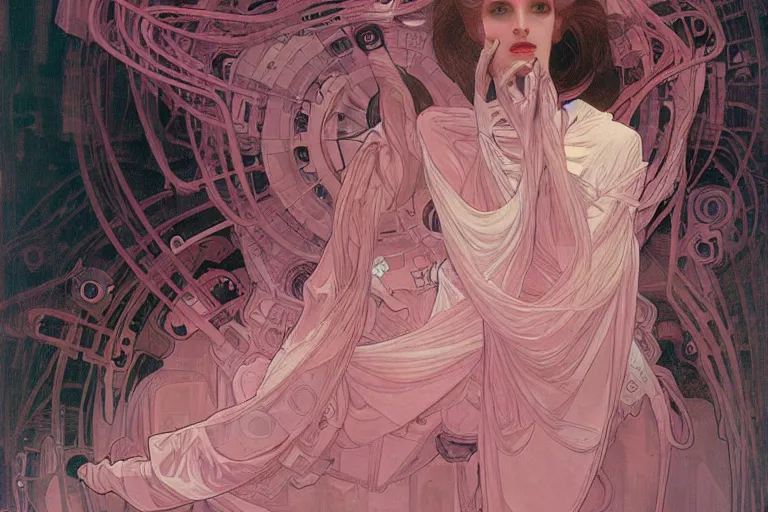 Prompt: symmetric, a dark woman android in a pastel pink dress, in a room full of neural networks and wires and computers, dark sci - fi, ai, 4 k realistic, artem demura. alphonse mucha