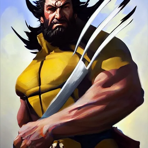 Image similar to Greg Manchess portrait painting of Wolverine as Overwatch character, medium shot, asymmetrical, profile picture, Organic Painting, sunny day, Matte Painting, bold shapes, hard edges, street art, trending on artstation, by Huang Guangjian and Gil Elvgren and Sachin Teng