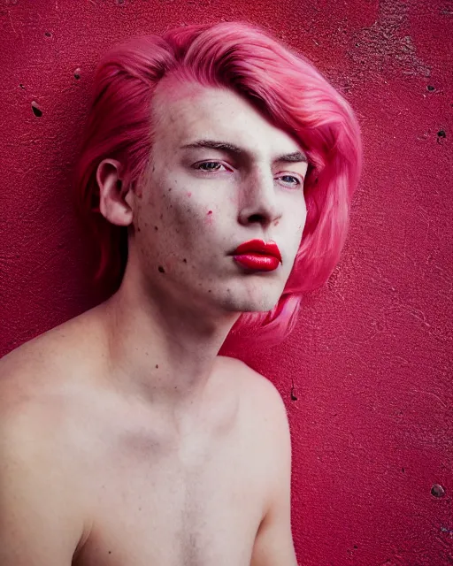 Prompt: !dream Portrait of an androgynous man, close-up, high sharpness, zeiss lens, fashion photo shoot, flowers, pink hair, freckles, Red lipstick, on metal background, Annie Leibovitz and Steve McCurry, David Lazar, Jimmy Nelsson, artistic, hyper-realistic, beautiful face, octane rendering