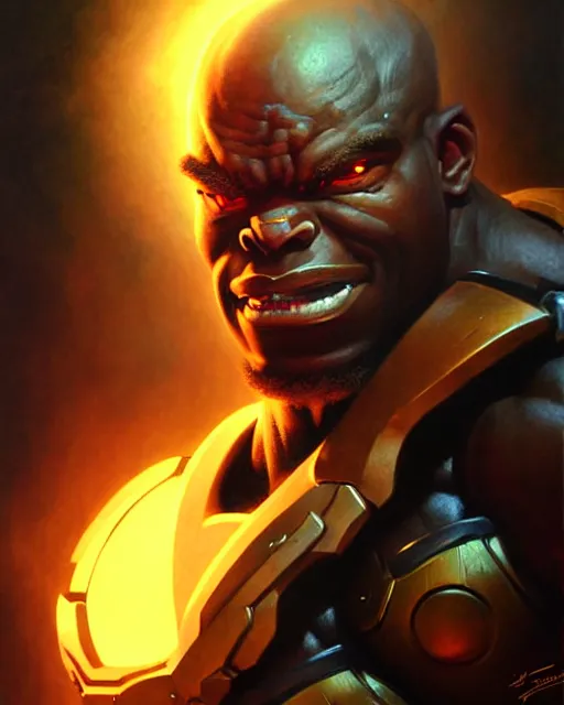 Image similar to doomfist from overwatch, fantasy, fantasy art, character portrait, portrait, close up, highly detailed, intricate detail, amazing detail, sharp focus, vintage fantasy art, vintage sci - fi art, radiant light, caustics, by boris vallejo