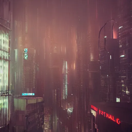 Image similar to inside a realistic, 4 k, octane render, raindrop, a dystopian futuristic city with heavy smog and tall buildings with neon signs and video billboards, dimly lit by the sun. diffused lighting, highly detailed digital art, trending on artstation