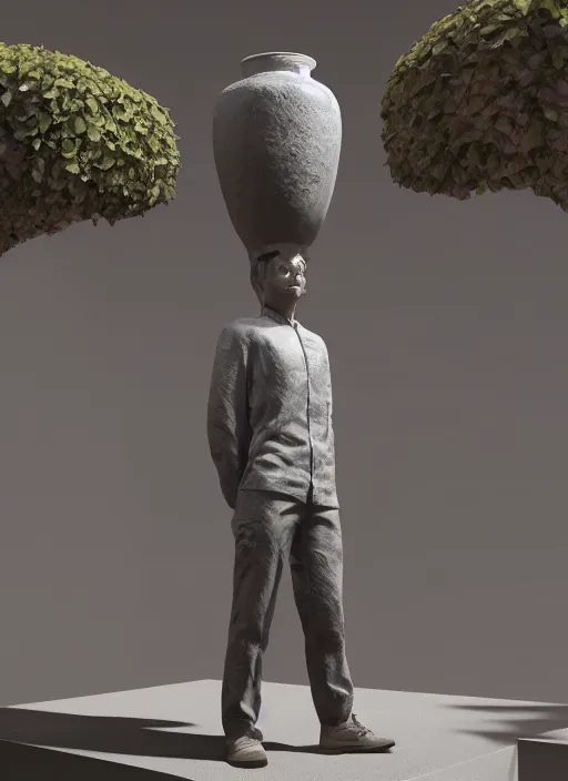 Image similar to a sculpture of a man standing next to a tall vase, a raytraced image by Hikari Shimoda, polycount, video art, vray tracing, ray tracing, rendered in unreal engine