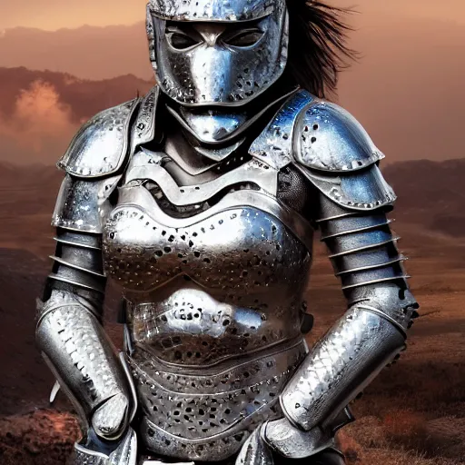 Image similar to female warrior with metal jaguar armour, highly detailed, 4k, HDR, smooth, sharp focus, hyper realistic, high resolution