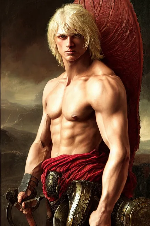 Prompt: a powerful and muscular male warrior , half body portrait, blond hair, ornate armour, realistic oil painting by Thomas Cole and Wayne Barlowe and Boris Valejo