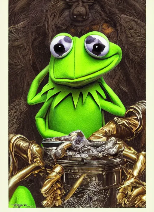 Image similar to portrait of Kermit the frog from Society (1989), intricate, highly detailed, centered, digital painting, artstation, concept art, smooth, sharp focus, illustration, artgerm, donato giancola, Joseph Christian Leyendecker, WLOP, Artgerm