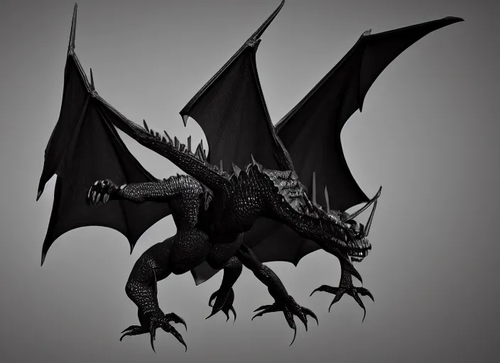 Image similar to A flying black dragon, 3d render, detailed, blender, cinematic