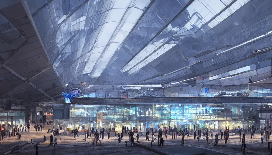 Prompt: outside view of futuristic manchester and giant white glass train station with blue lights, crowded square, trains, trees, volumetric light, hyperdetailed, artstation, cgsociety, 8 k