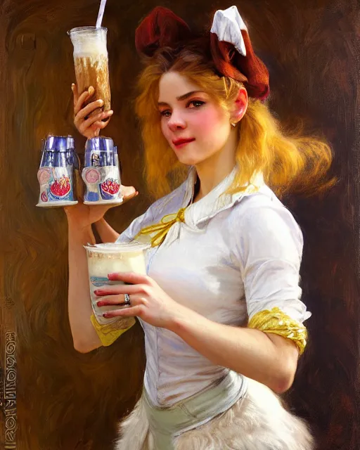 Image similar to portrait of a white female anthro wolf waitress serving milkshakes, 4 k, trending on artstation, very expressive detailed feminine face, energetic, bright colors, happy, by gaston bussiere, craig mullins, j. c. leyendecker, gustav klimt, artgerm, greg rutkowski, alphonse mucha