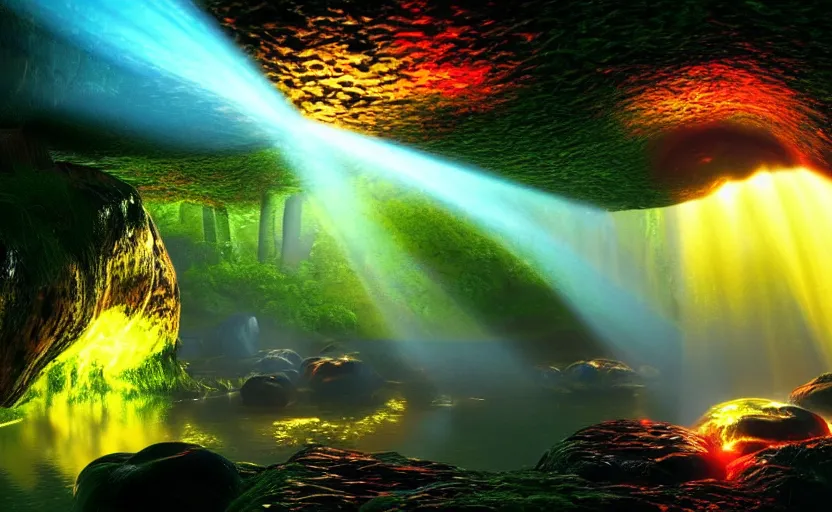 Prompt: a beautiful and stunning professional digital photo of a humongous glowing mushroom cave, haze, waterfall, volumetric lighting, hyperrealistic, red, yellow, green, blue, sunset, unreal engine 5, ultra detail