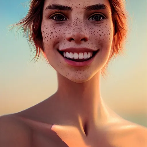 Image similar to beautiful serene intricate portrait of a cute thin young woman, red blush, cute freckles, smug smile, modern clothes, relaxing on the beach, golden hour, close up shot, soft focus, 8 k, art by irakli nadar, hyperrealism, hyperdetailed, ultra realistic