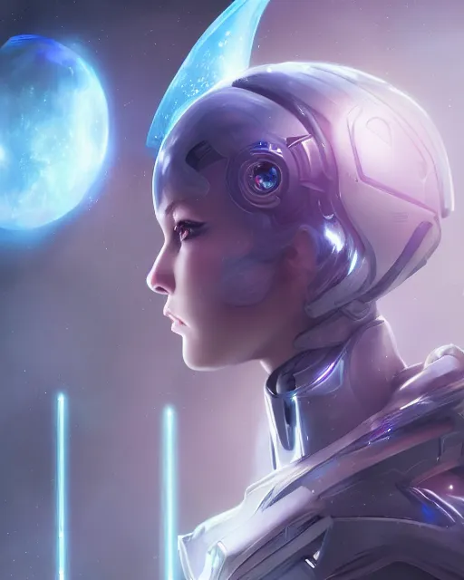 Image similar to perfect android girl on a mothership, warframe armor, beautiful face, scifi, futuristic, galaxy, nebula, raytracing, dreamy, long white hair, blue cyborg eyes, sharp focus, cinematic lighting, highly detailed, artstation, divine, by gauthier leblanc, kazuya takahashi, huifeng huang