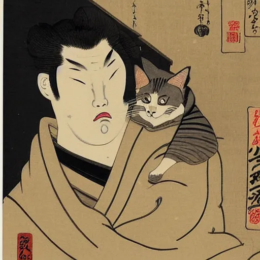 Prompt: angry japanese man with cat perched on his shoulder, vintage, painting by utamaro