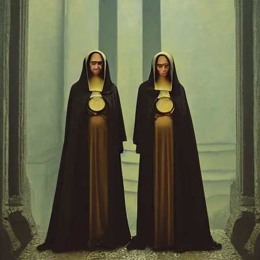 Prompt: a portrait of a twin nuns wearing a long dark cloak, hood and shadows covering face, holding golden chains, oil painting, matte painting, black background, Volumetric Golden dappled dynamic lighting, Highly Detailed, Cinematic Lighting, Unreal Engine, 8k, HD, by Beksinski