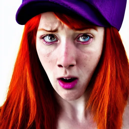 Image similar to Portrait of a with red hair and a purple hat who cries with tears of blood, 50 mm, hyper-realistic, 8K HDR.