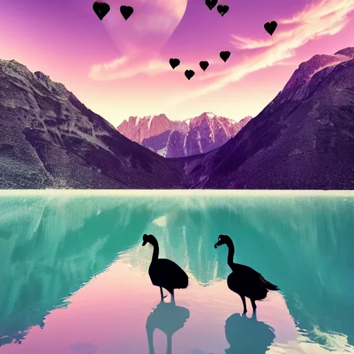 Image similar to photo of two black swans swimming in a beautiful reflective mountain lake, touching heads, forming a heart with their necks, a colorful hot air balloon is flying above the swans, hot air balloon, intricate, portrait, 8k highly professionally detailed, HDR, CGsociety, octane render, 4k