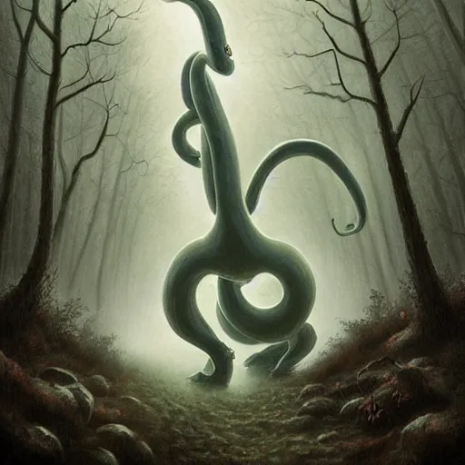 Image similar to a goodra pokemon as a cryptid in a dark ominous forest, foggy, dim lighting, artwork by andrew ferez