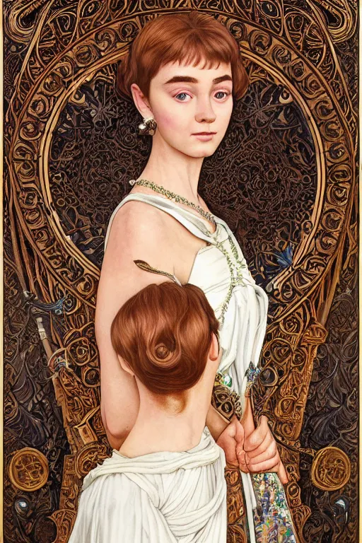 Prompt: a full body art nouveau portrait of a 16-year old sun goddess who resembles Audrey Hepburn and Saoirse Ronan with a worried, intense gaze and slightly opened mouth, ornate intricate iridescent mother-of-pearl jewelry, intricate, elegant, highly detailed, digital painting, artstation, concept art, smooth, sharp focus, illustration, art by John William Waterhouse and Bouguereau and Donato Giancola and alphonse mucha