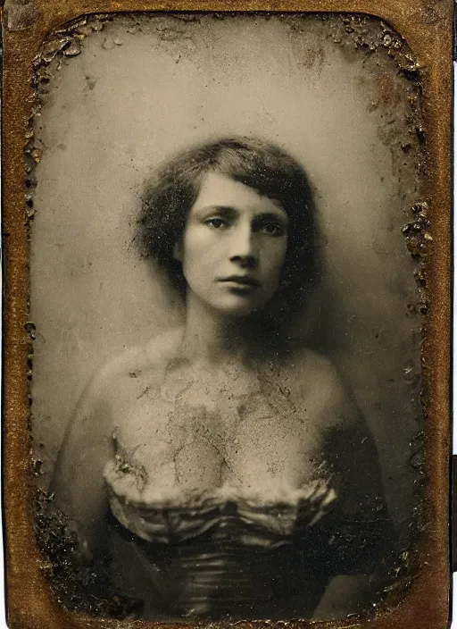 Image similar to old wetplate daguerreotype portrait of a lady with crackle skin, explosion of data fragments, fractal, intricate, elegant, highly detailed, parallax, leica, medium format, subsurface scattering, by jheronimus bosch and greg rutkowski and louis jacques mande daguerre