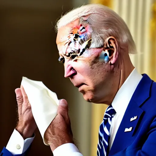 Image similar to joe Biden wiping his cheeks clean with paper