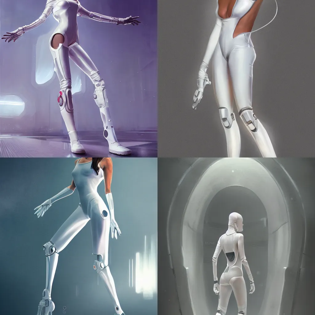 Prompt: full body portrait of a woman standing, dressed in all white futuristic bodysuit with a bionic leg by Greg Rutkowski, studio photography, trending on artstation