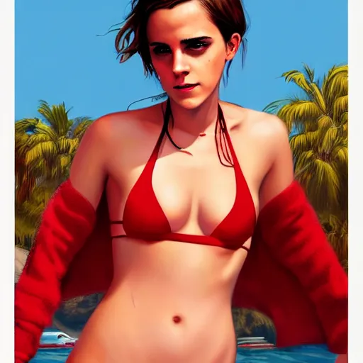Image similar to emma watson in red bikini in gta v, cover art by stephen bliss, artstation, no text