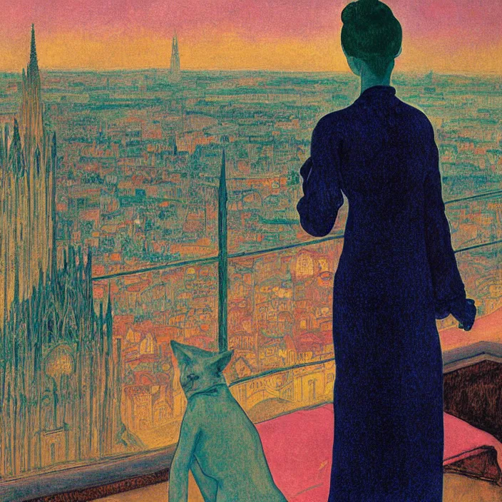 Image similar to close portrait of woman in transparent vaporous night gown washing her feet with cat and aloe vera, with city with gothic cathedral seen from a window frame with curtains. sun setting through the clouds, vivid iridescent psychedelic colors. agnes pelton, egon schiele, munch, henri de toulouse - lautrec, utamaro, monet