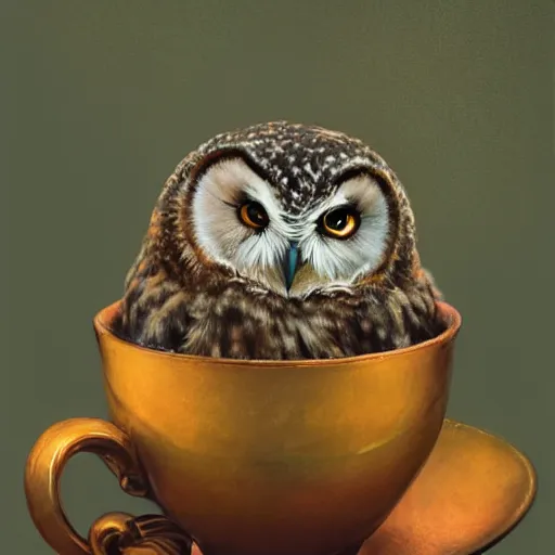 Prompt: long shot of a very cute young owl sleeping in a tea cup, by esao andrews, by james jean, marc simonetti, humorous illustration, hyperrealistic, big depth of field, fresh colors, dim light, 3 d octane render conceptart, 4 k, hyperdetailed, trending on artstation