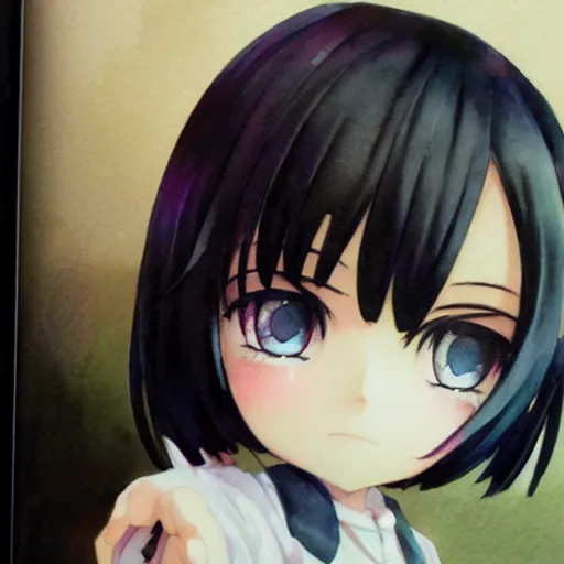 Prompt: photorealistic, portrait watercolor painting of nendoroid eyes kawaii chibi with black hair and hime cut by krenz cushart ilya kuvshinov pixiv key visual manga cover