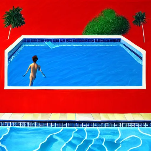 Image similar to a pool filled with coke cola big splash, David Hockney style painting, California back yard