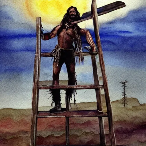 Prompt: randy savage with a ladder posing in desolate wasteland | fantasy watercolour painting | middle earth | conan | barbarian