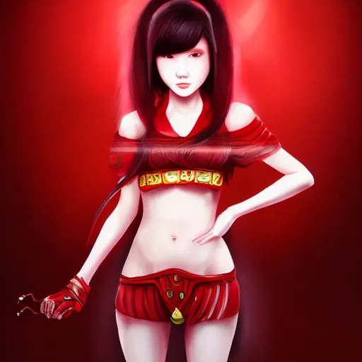 Prompt: half length portrait of a half - chinese teenage girl with short red hair and red outfit, still from arcane : league of legends, 3 d painting, digital art, anime