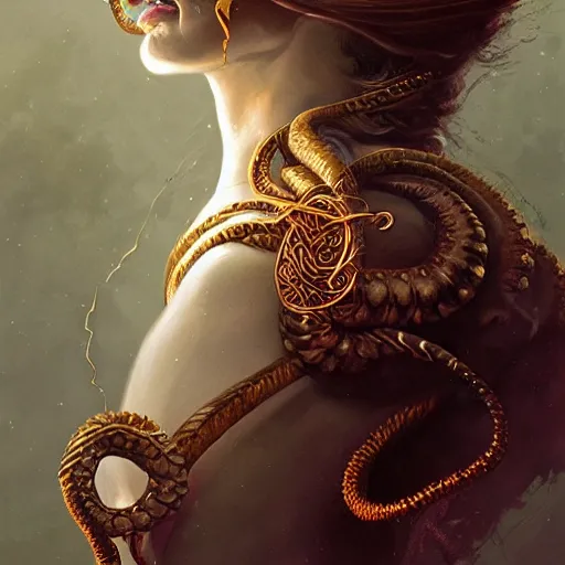 Prompt: portrait of a medusa, fantasy, intricate, elegant, highly detailed, digital painting, artstation, concept art, matte, sharp focus, illustration, art by aenaluck and roberto ferri and greg rutkowski, epic fantasy, digital painting