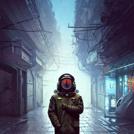 Image similar to A cyberpunk gopnik on the street of a Soviet city on the moon, Norilsk, sci-fi, fantasy, intricate, very very beautiful, elegant, highly detailed, digital painting, artstation, concept art, smooth, sharp focus, illustration, art by artgerm and greg rutkowski and alphonse mucha