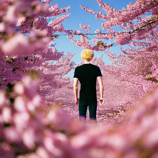 Image similar to kodak portra 4 0 0 photograph of a skinny blonde guy standing in field of cherry blossom trees, back view, flower crown, moody lighting, telephoto, 9 0 s vibe, blurry background, vaporwave colors, faded!,